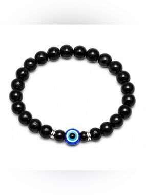 🧿🖤Black Beaded Men's Bracelet with Blue Evil Eye Accent #80